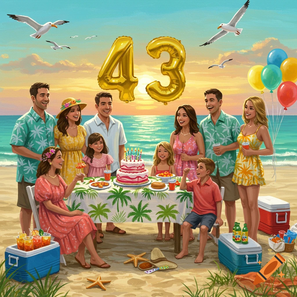 An illustration of a large family celebrating a 43rd birthday on a sunny beach at sunset, with golden '43' balloons, a cake, and seagulls.