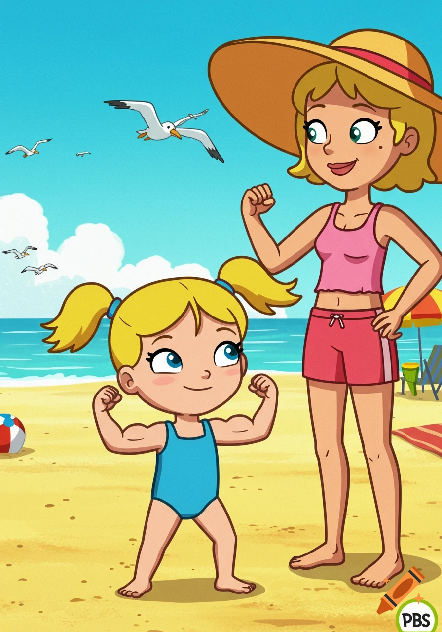 A cartoon mother and daughter flex their muscles on a sandy beach with gulls flying under a blue sky.