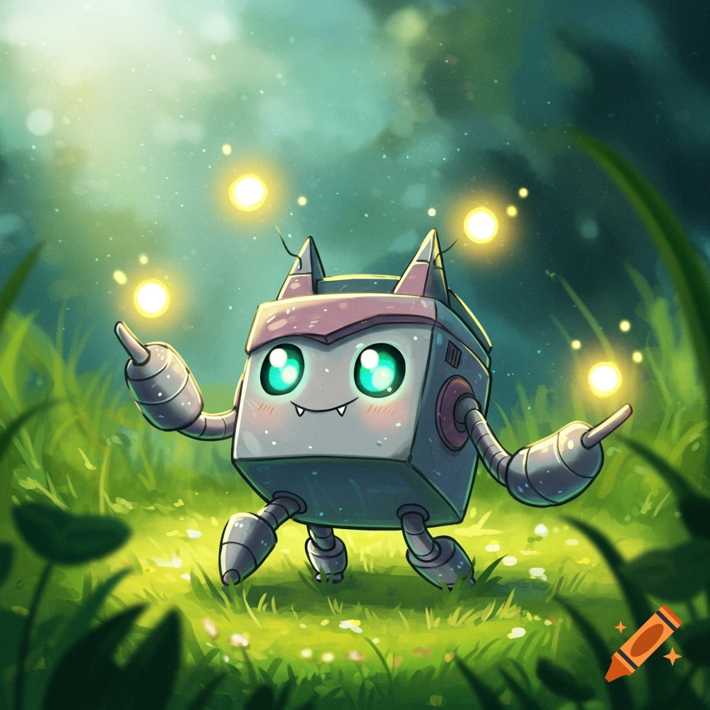 Cute square-bodied robot with big green eyes and small fangs in a glowing grassy field with fireflies, illustrated.