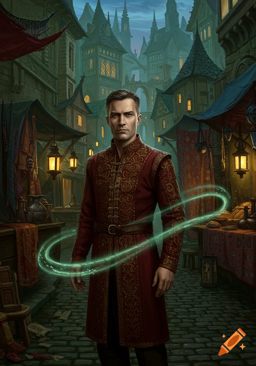 A serious man in a red, embroidered tunic stands in a bustling, shadowy medieval fantasy city street with a glowing green magical ring around him.