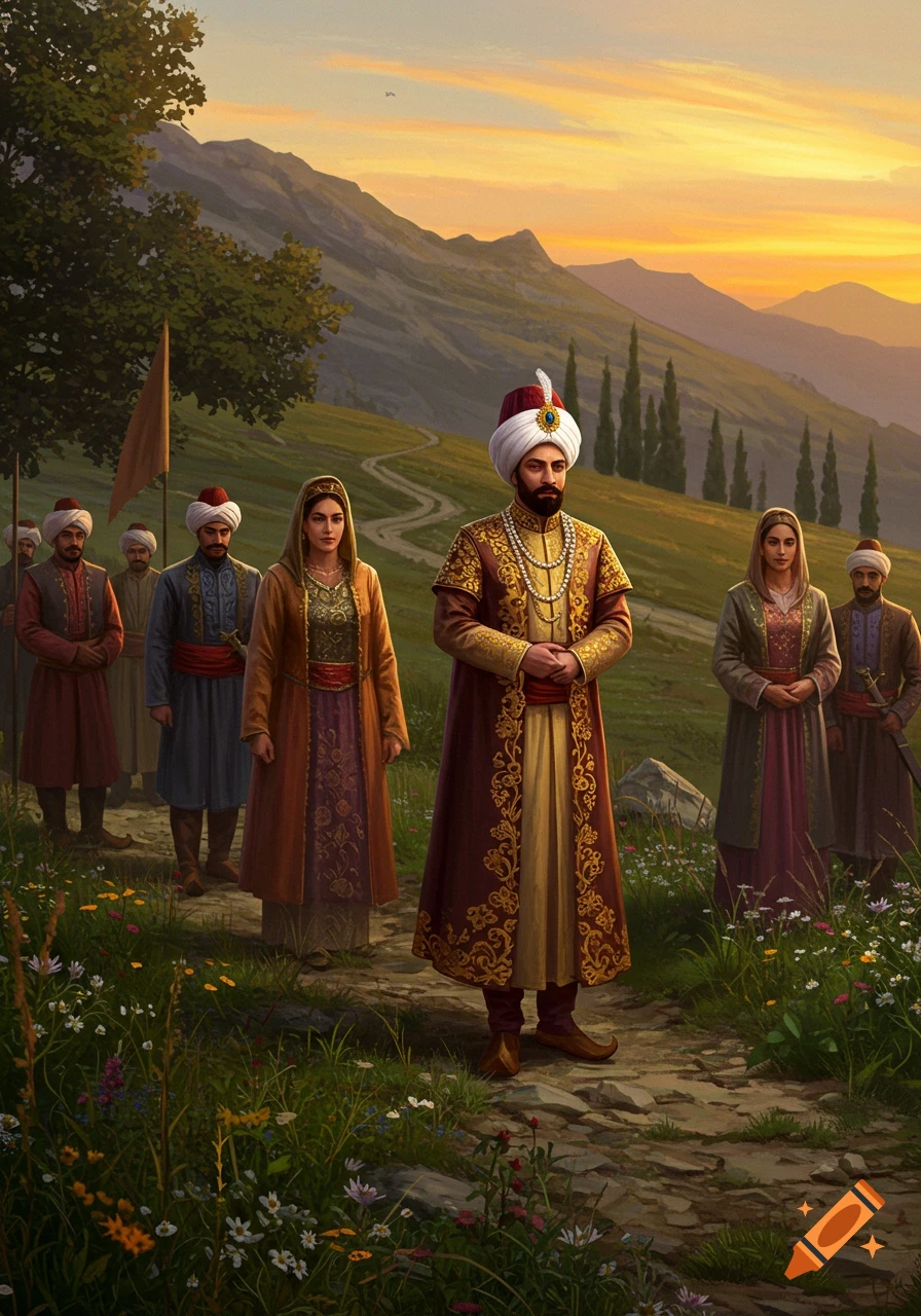 A Persian king in opulent attire and turban with his retinue on a winding mountain path at sunset, illustration.