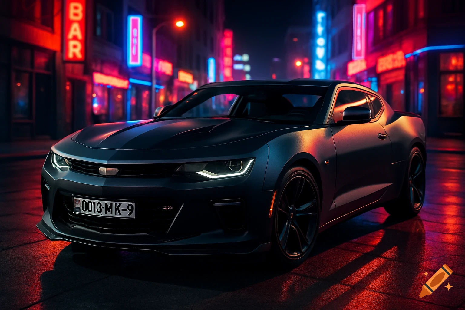 Matte black Chevrolet Camaro parked on a neon-lit city street at night, with dynamic reflections on the wet pavement.