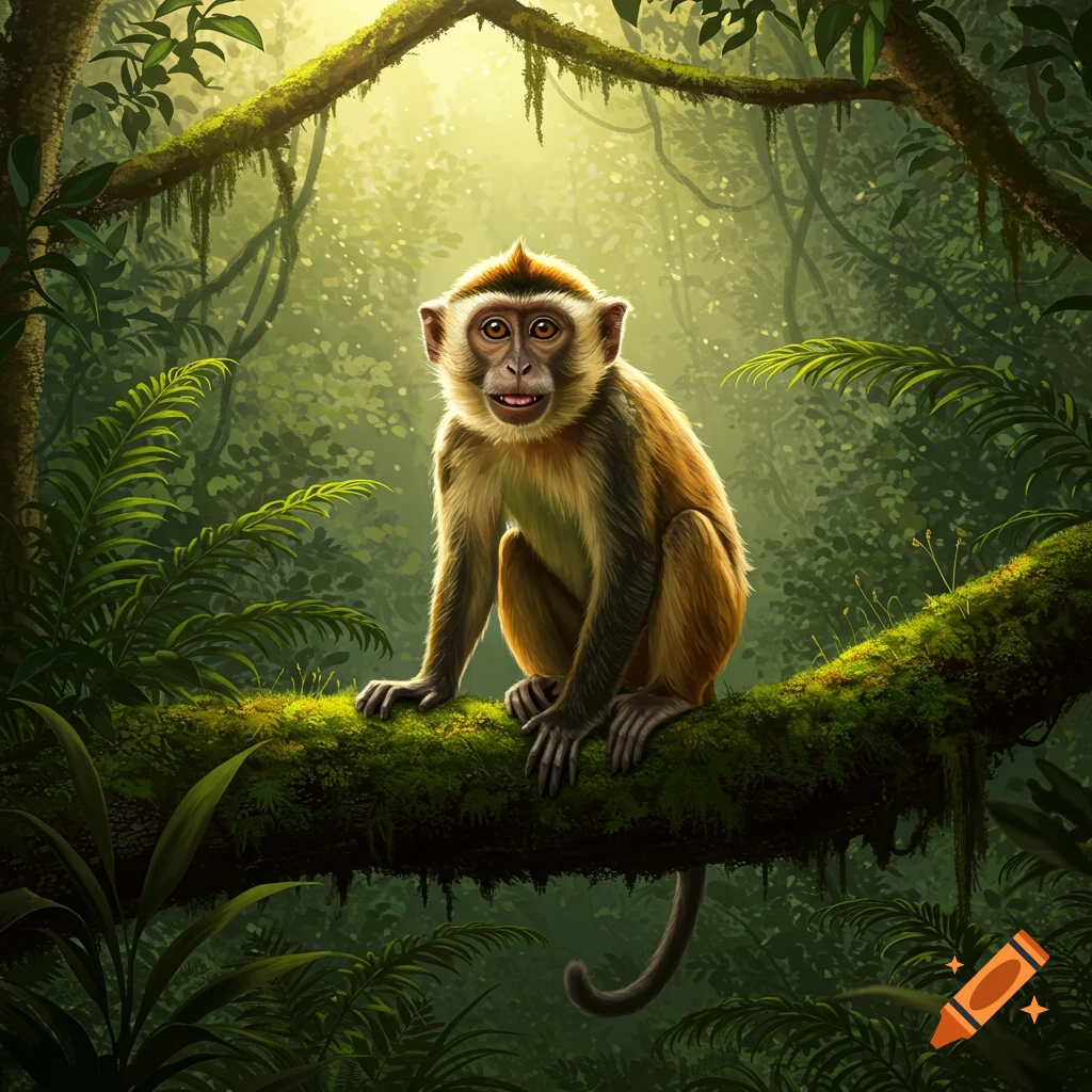 A monkey with light brown fur sits on a mossy tree branch in a sunlit, green jungle.