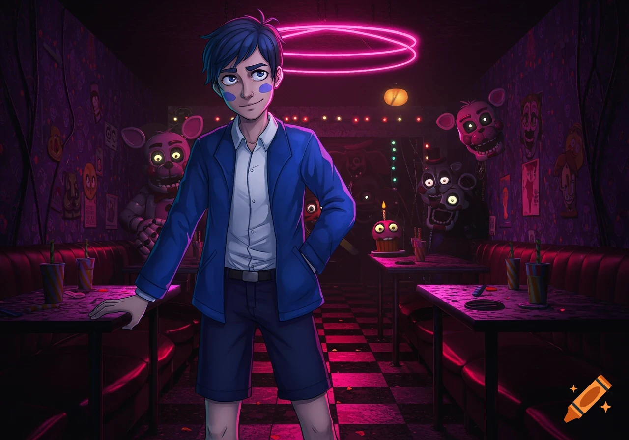 A cartoon boy in a blue jacket stands in a neon-lit, purple-themed FNAF-style restaurant with creepy animatronics in the background.