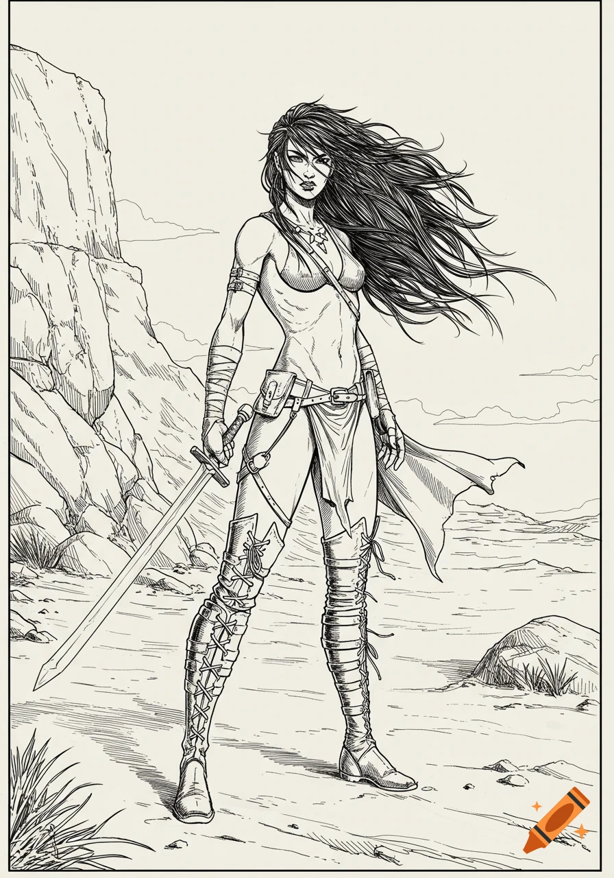 Black and white comic art of a female warrior with a sword and flowing hair, in a loincloth and thigh-high boots, in a desert with cliffs.