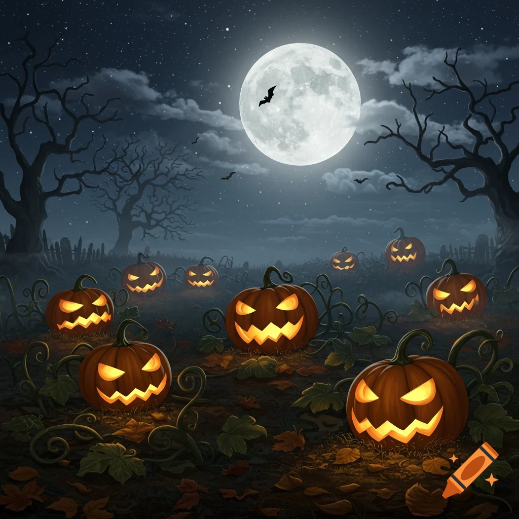Glowing jack-o'-lanterns in a spooky field under a full moon with bats and bare trees on Halloween night.
