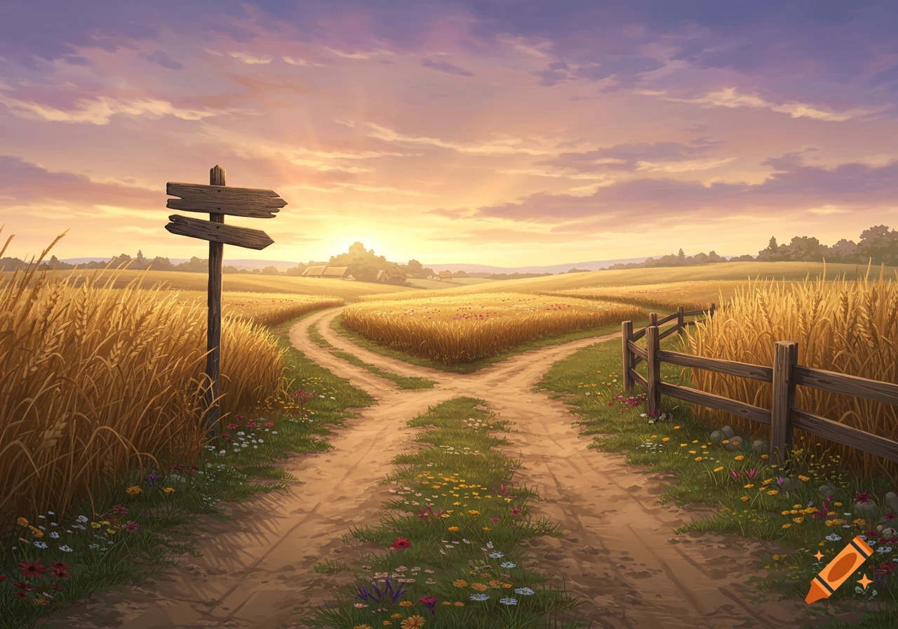 Anime style painting of a dirt road forking in a golden wheat field at sunset, with a wooden signpost.