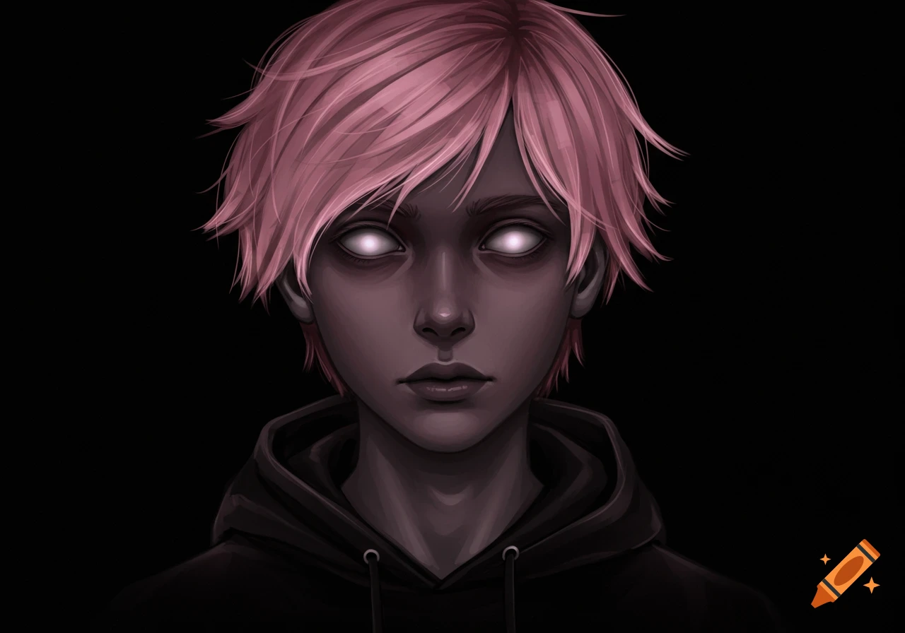 A stylized portrait of a boy with pastel pink hair and glowing white eyes, wearing a black hoodie against a black background.