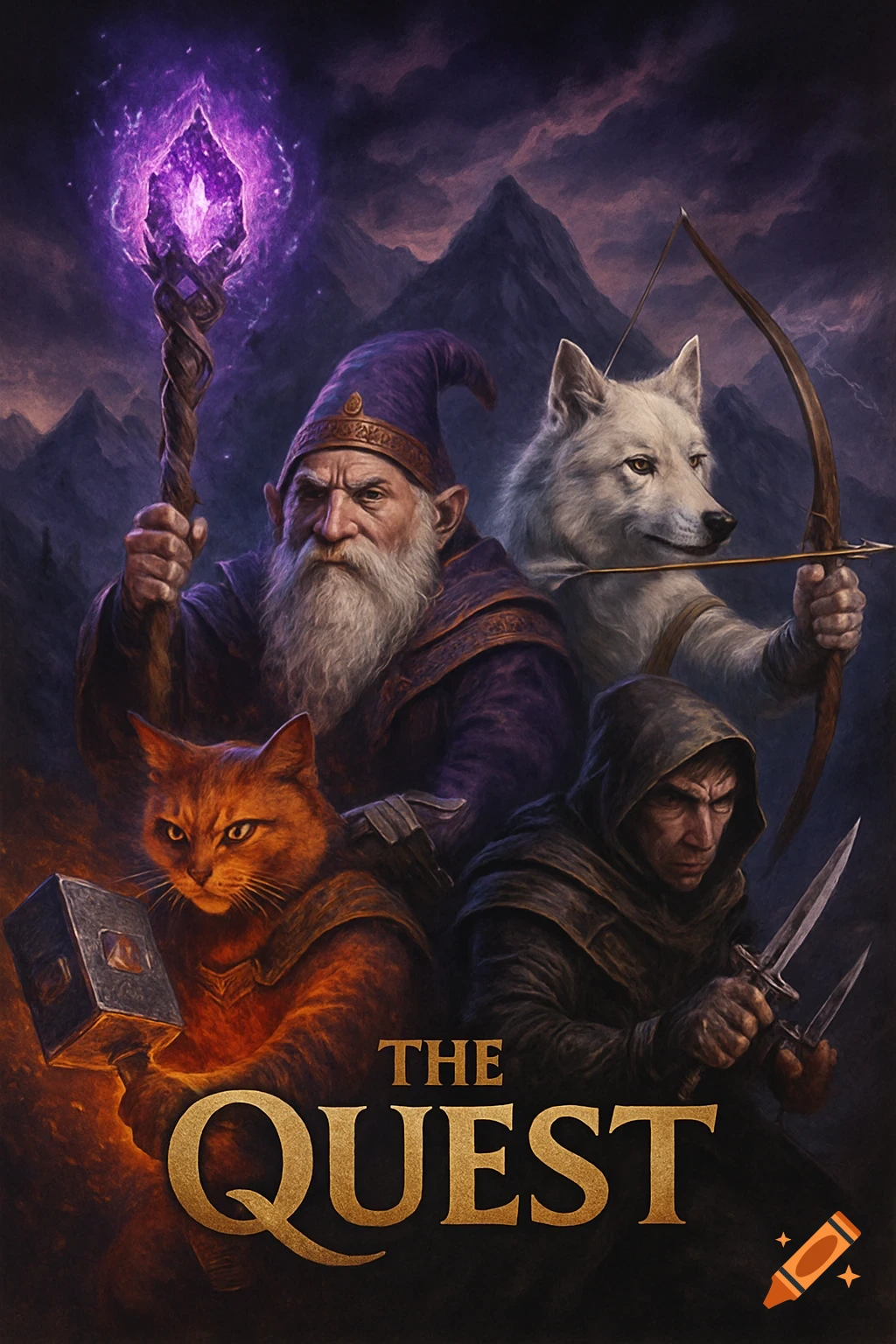 An epic fantasy movie poster depicting a dwarf wizard with an amethyst staff, a red cat with a gem hammer, a white wolf with a bow, and a human rogue with two knives, with "THE QUEST" title.