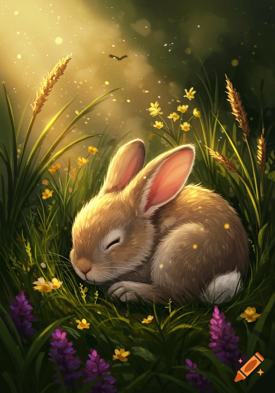 A cute brown bunny sleeps curled up in a sunlit grassy field with yellow and purple flowers in a whimsical illustration.