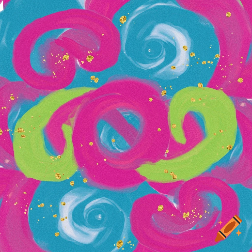 Abstract pattern of pink, lime green, and teal blue swirls with scattered gold glitter.