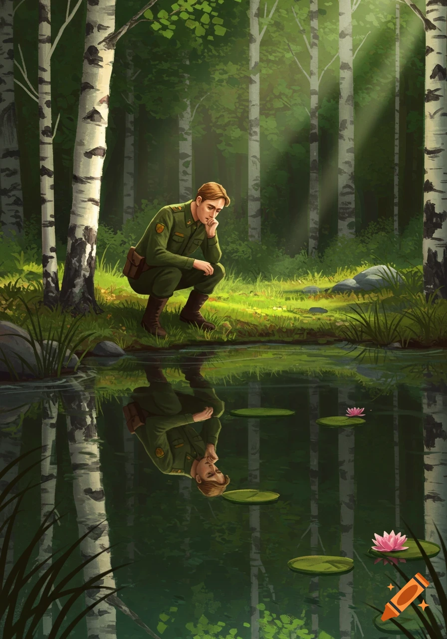 A man in a green uniform crouches by a pond, looking at his reflection in a lush forest with birch trees and lily pads. Illustrated style.