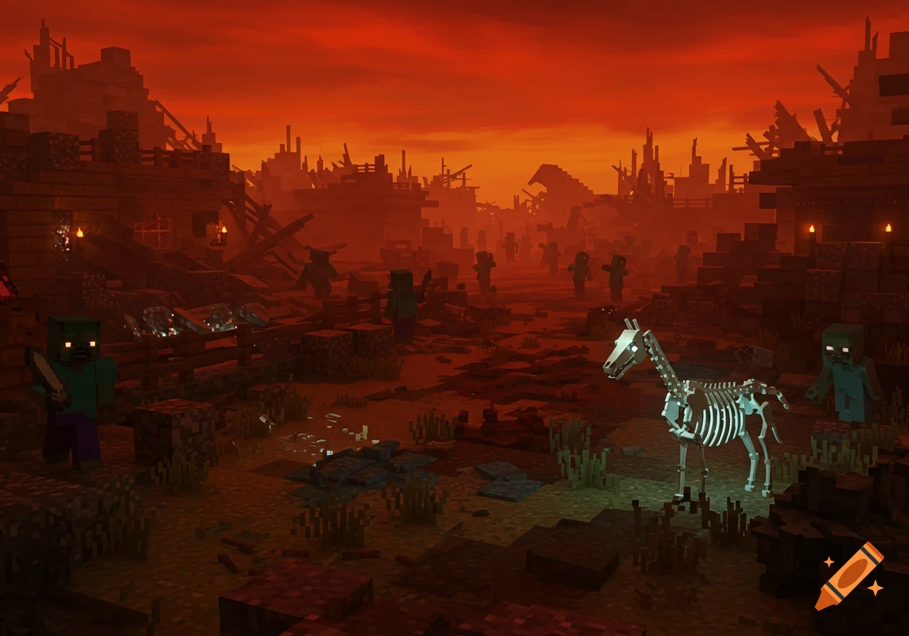 Minecraft-style post-apocalyptic scene with zombies and a skeleton horse in a ruined city under a red sky.