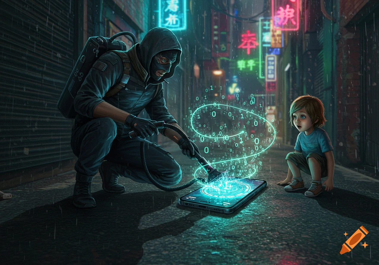 A masked thief vacuums a glowing matrix cloud from a child's phone in a rainy, neon-lit cyberpunk alley.