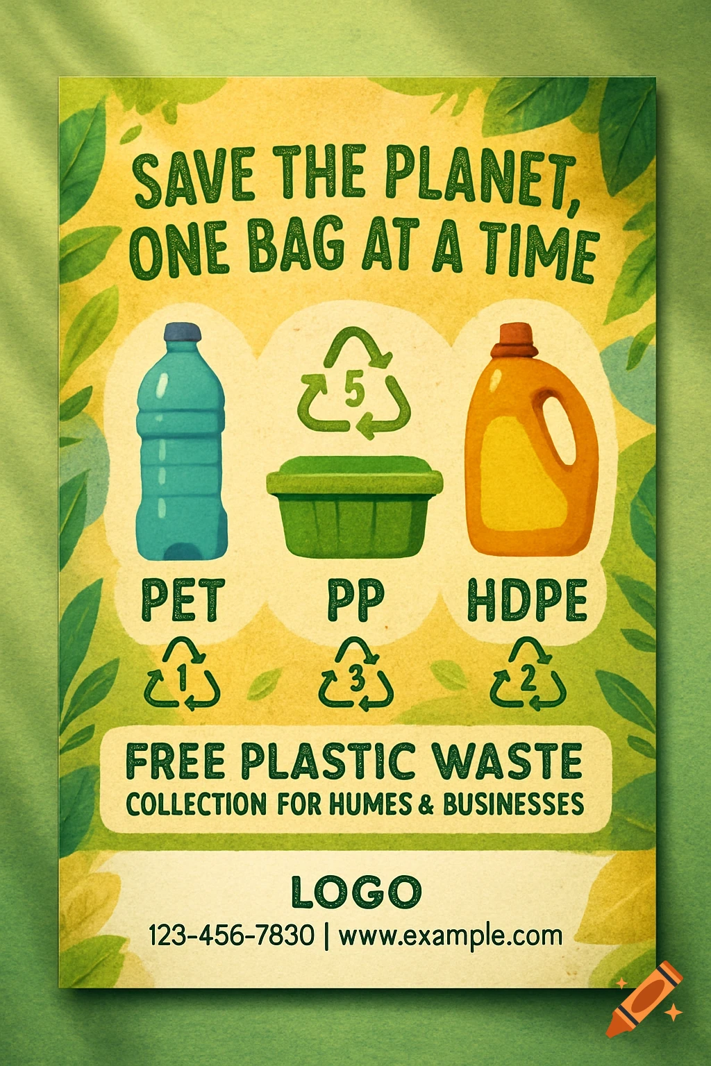A green and yellow flyer promoting plastic recycling. Text reads 'SAVE THE PLANET, ONE BAG AT A TIME' and 'FREE PLASTIC WASTE COLLECTION FOR HUMES & BUSINESSES'. Illustrations of a plastic bottle, a container, and a jug with 'PET', 'PP', and 'HDPE' labels are shown alongside recycling symbols. Contact information is at the bottom.