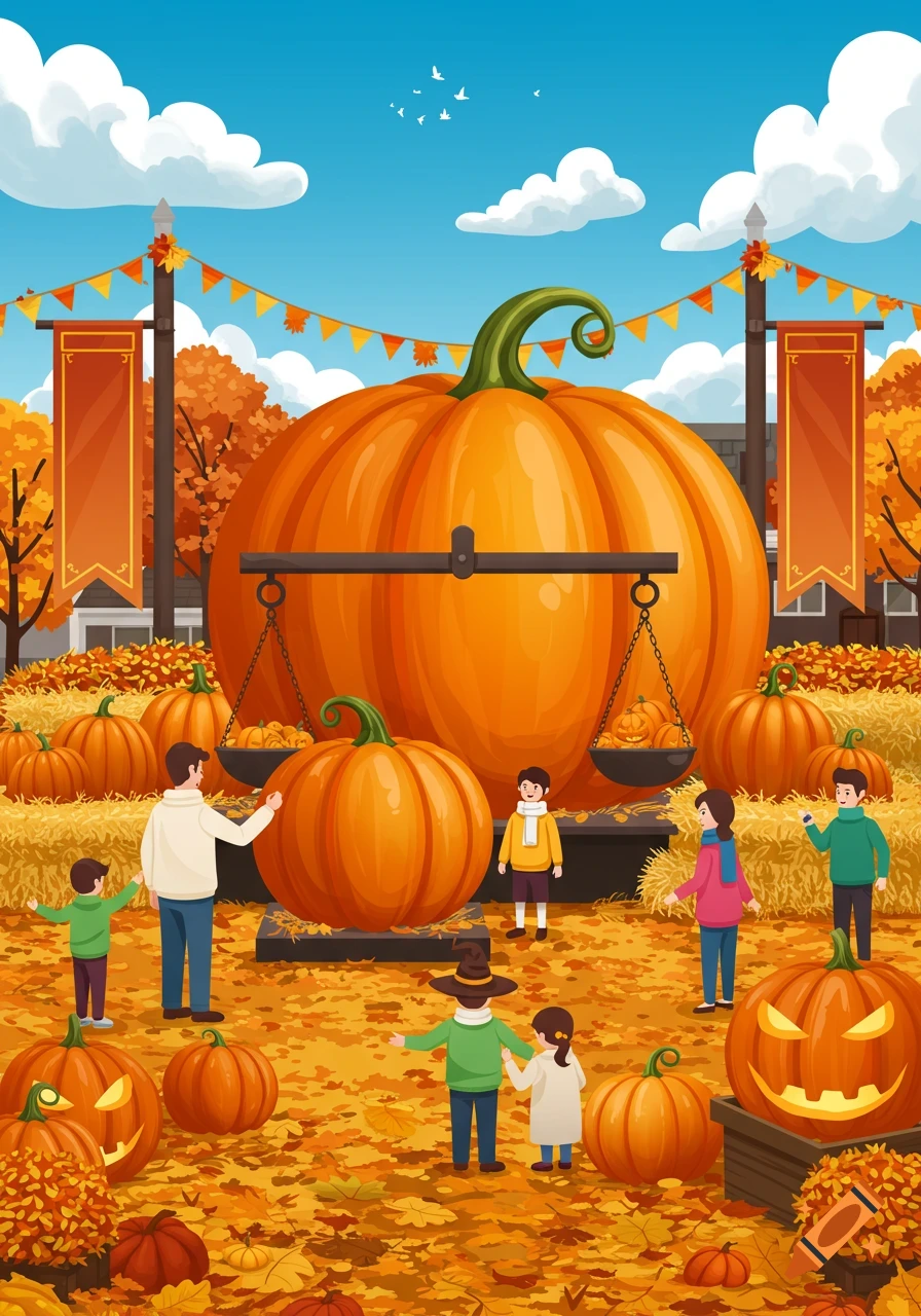 Flat 2D illustration of a vibrant pumpkin festival with families, a giant pumpkin on a scale, and carved pumpkins amidst autumn leaves under a blue sky.