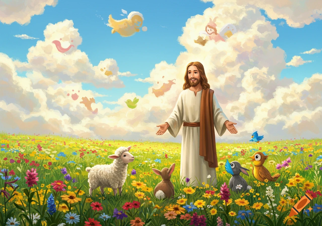 Jesus in a vibrant wildflower field with a lamb, rabbit, and birds, under a sky with whimsical, smiling cloud figures, colorful illustration.