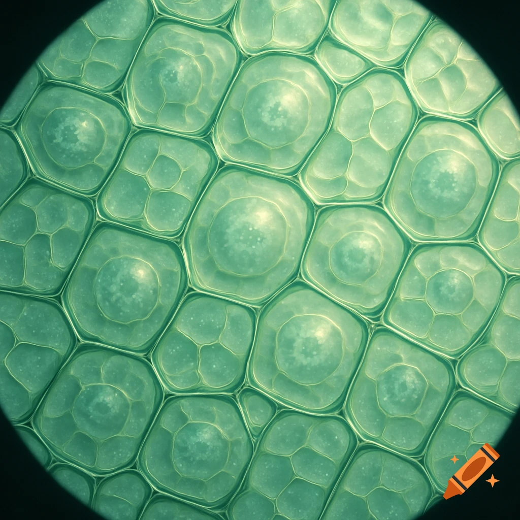 A close-up, microscopic view of green, translucent onion cells, showing their hexagonal structure and internal components, within a circular field of view.