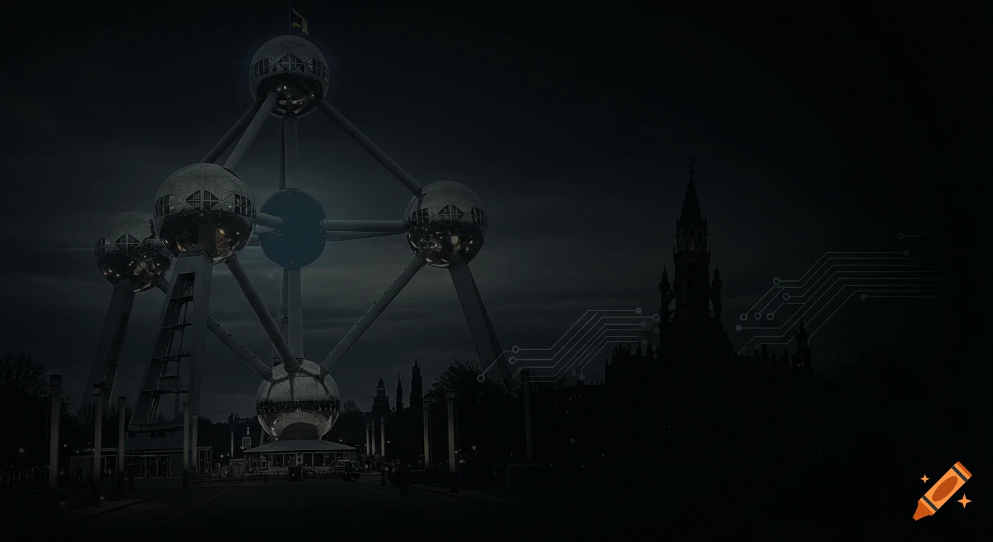 Stylized dark image of the Atomium, a circuit board pattern, and a silhouetted gothic building.