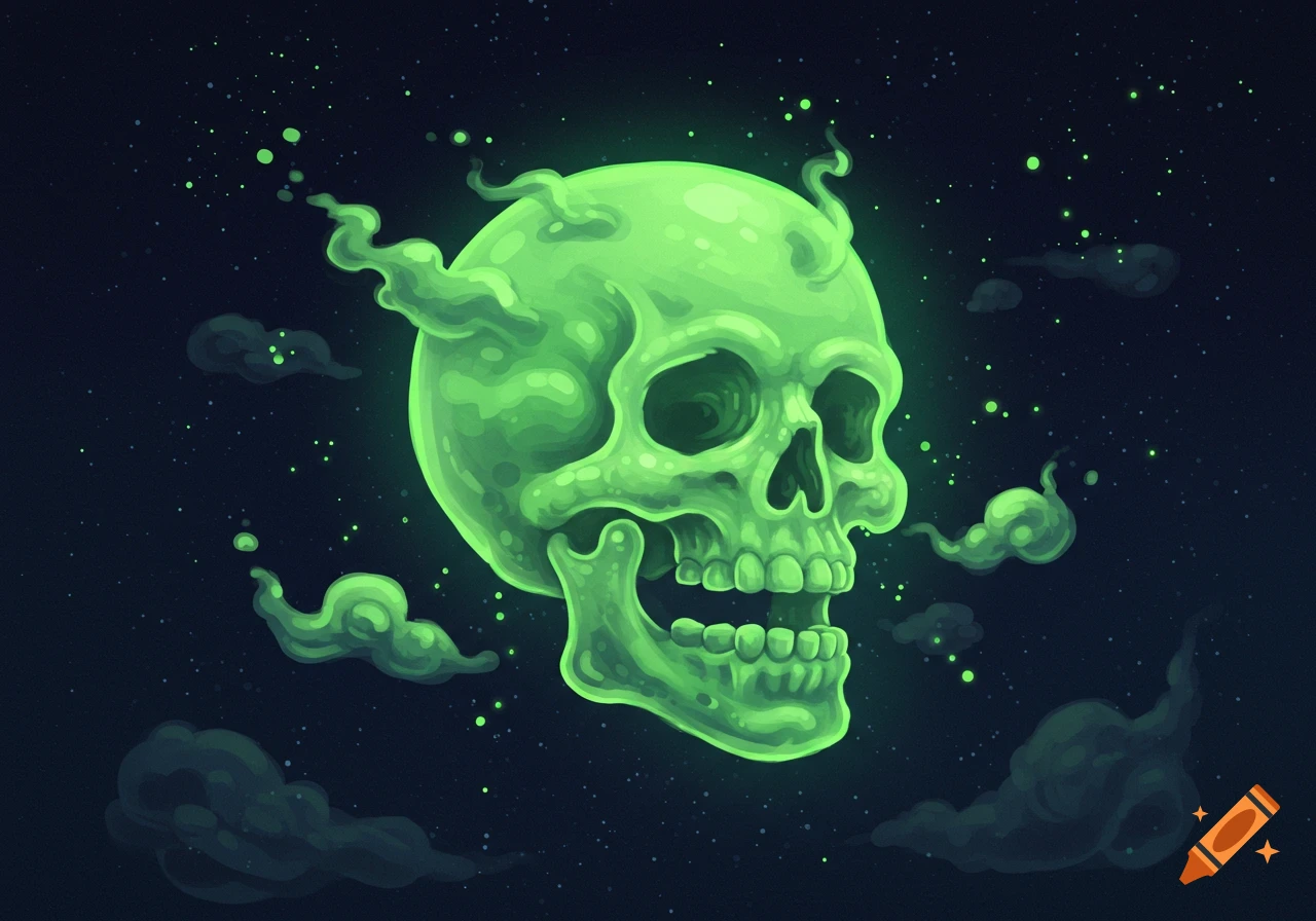 A cartoon green glowing skull made of gas floats against a dark starry background with swirling dark clouds.