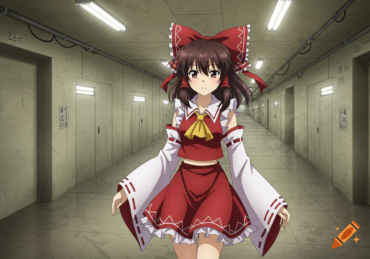 Anime illustration of Reimu Hakurei from Touhou Project in a red and white outfit, walking in a long, sterile hallway.