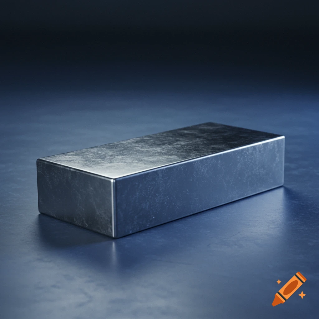 A rectangular block of textured silver metal resting on a dark, reflective surface.