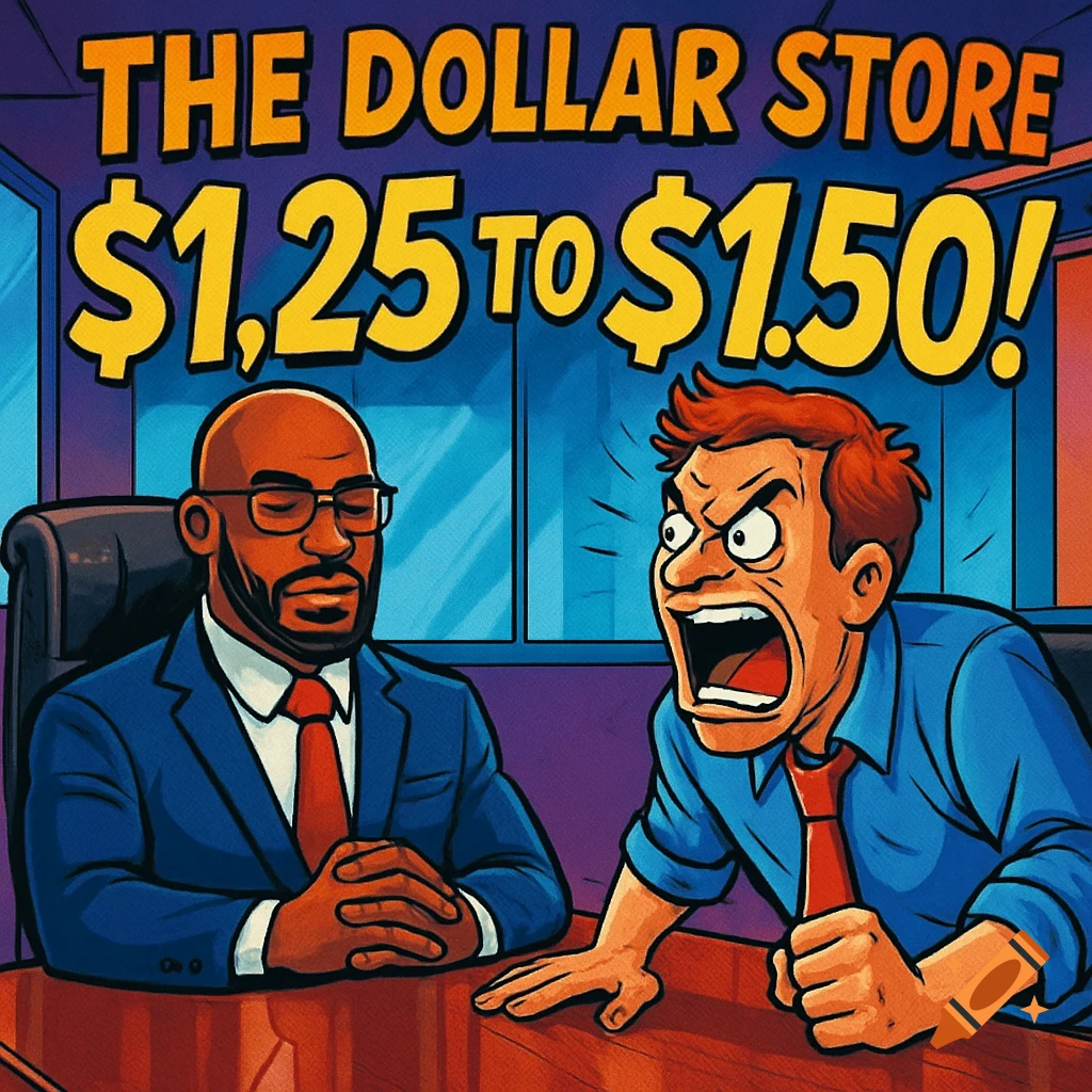 A cartoon of a calm bald man in a suit opposite an angry man screaming at him, with text "THE DOLLAR STORE $1.25 TO $1.50!" overhead.