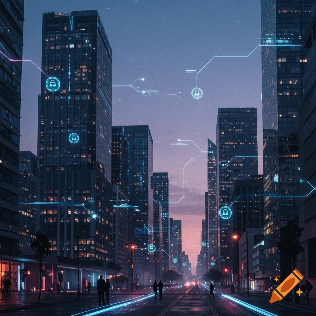 A futuristic cityscape at dusk with blue digital data lines connecting skyscrapers and people walking on a wet street.