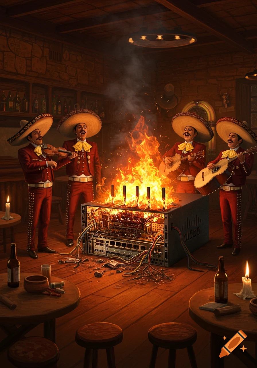 Four mariachis perform in a rustic bar, singing and playing around a burning Cisco router that emits flames and smoke.