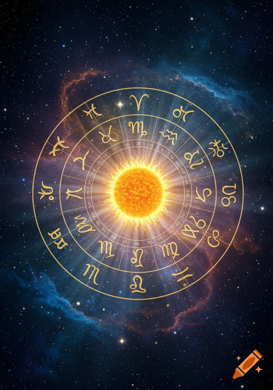 A golden astrological zodiac wheel with symbols and numbers, centered around a glowing sun, set against a dark starry space background with nebulae.