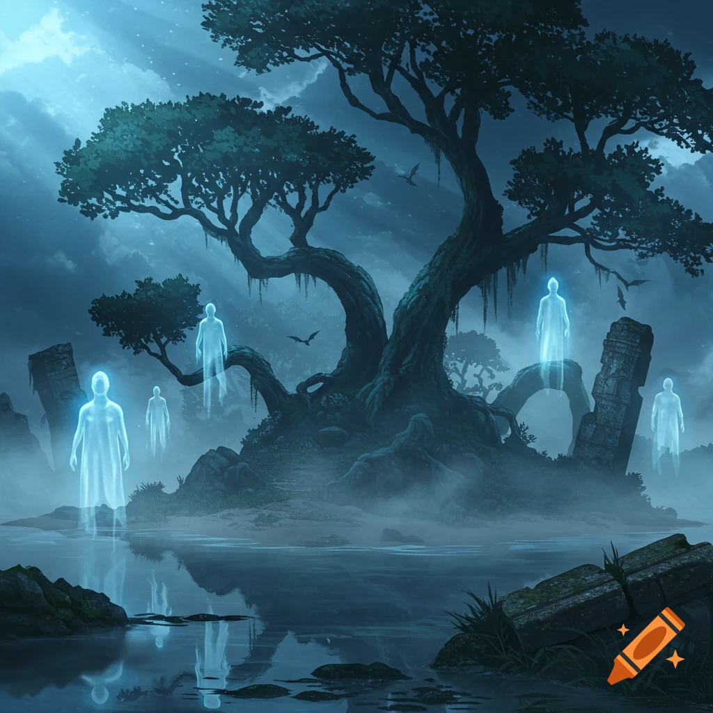 Ethereal landscape with a large gnarled tree on a misty island, glowing ghost-like figures, ancient ruins, and water reflections.