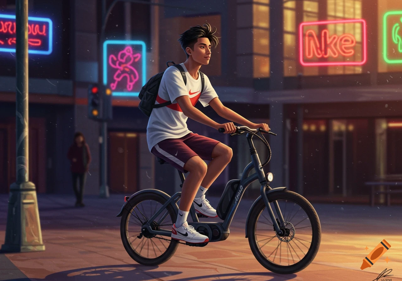 A young man with a backpack rides a black e-bike at night, wearing Nike clothes under neon signs in a cityscape.