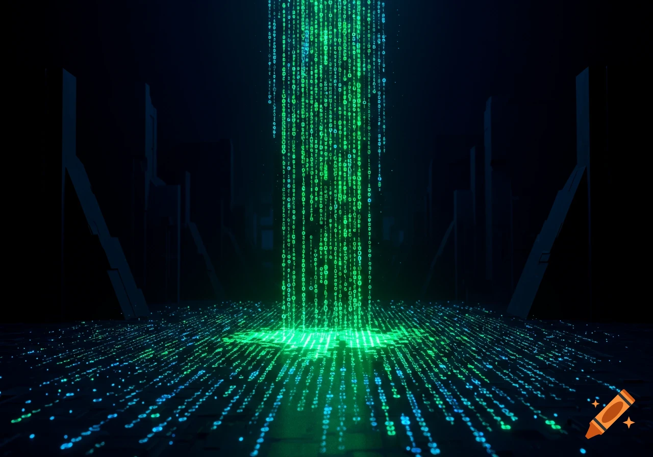 Green binary code flows from above, spreading across a dark digital landscape.