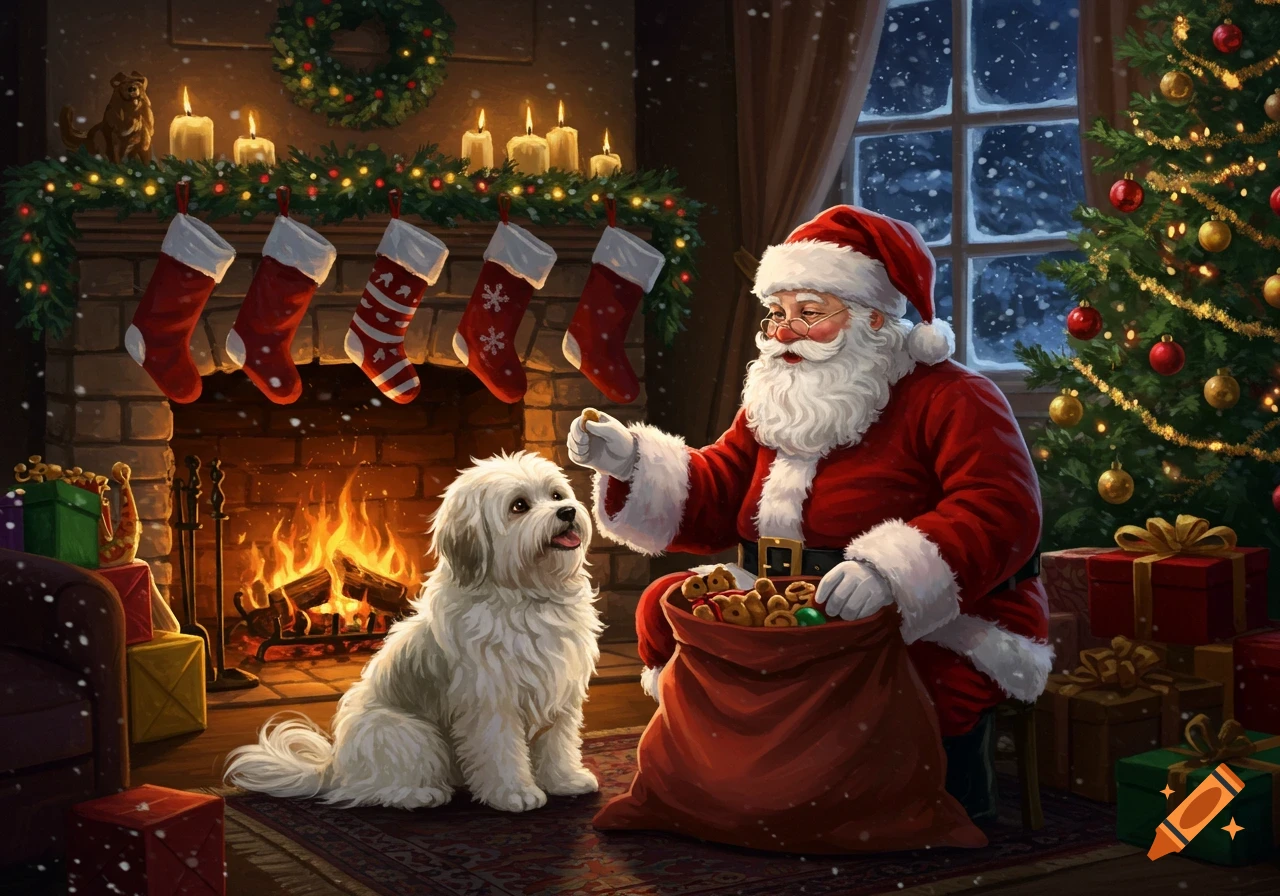Santa Claus offers a treat to a white fluffy dog in a cozy Christmas living room with a fireplace, stockings, and a decorated tree.