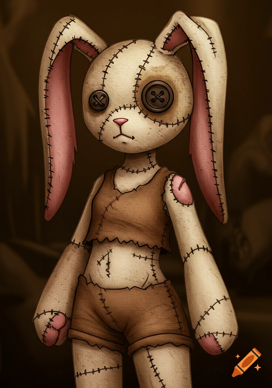 A vintage-style anthropomorphic bunny doll with button eyes and stitched seams, wearing a ragged brown crop top and shorts.