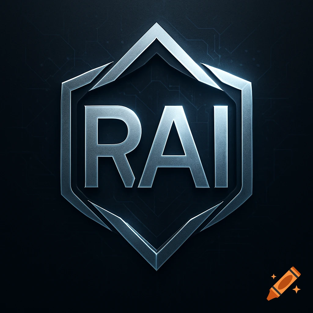 A futuristic metallic emblem with the letters RAI centered within a silver hexagonal crest, against a dark background with subtle circuit patterns.