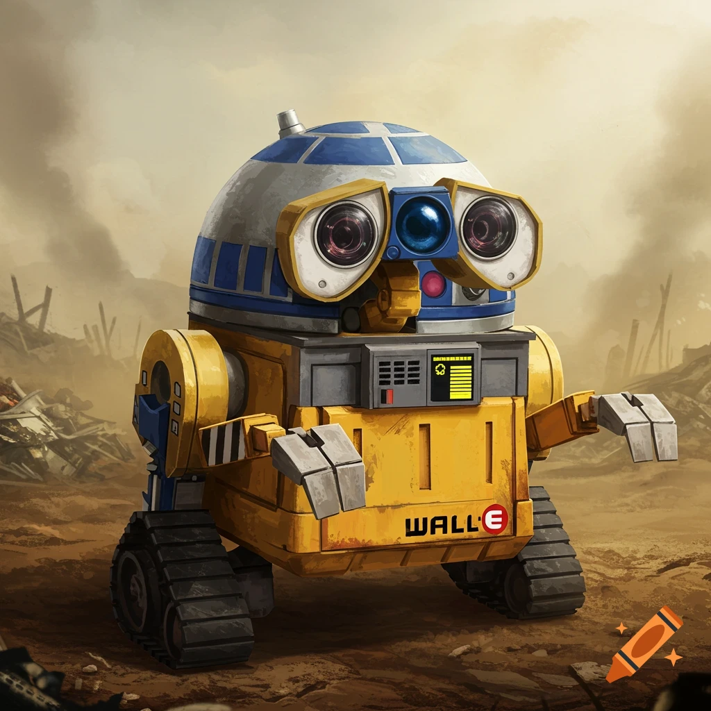 A yellow robot with a blue and white dome head, large eyes, and tank treads stands in a dusty, post-apocalyptic wasteland.