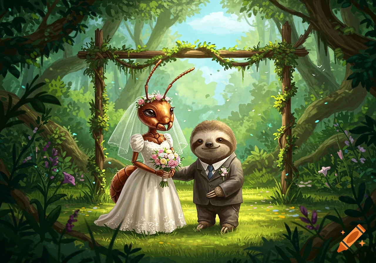 An ant bride in a white dress holds hands with a sloth groom in a suit at a forest wedding, cartoon illustration.