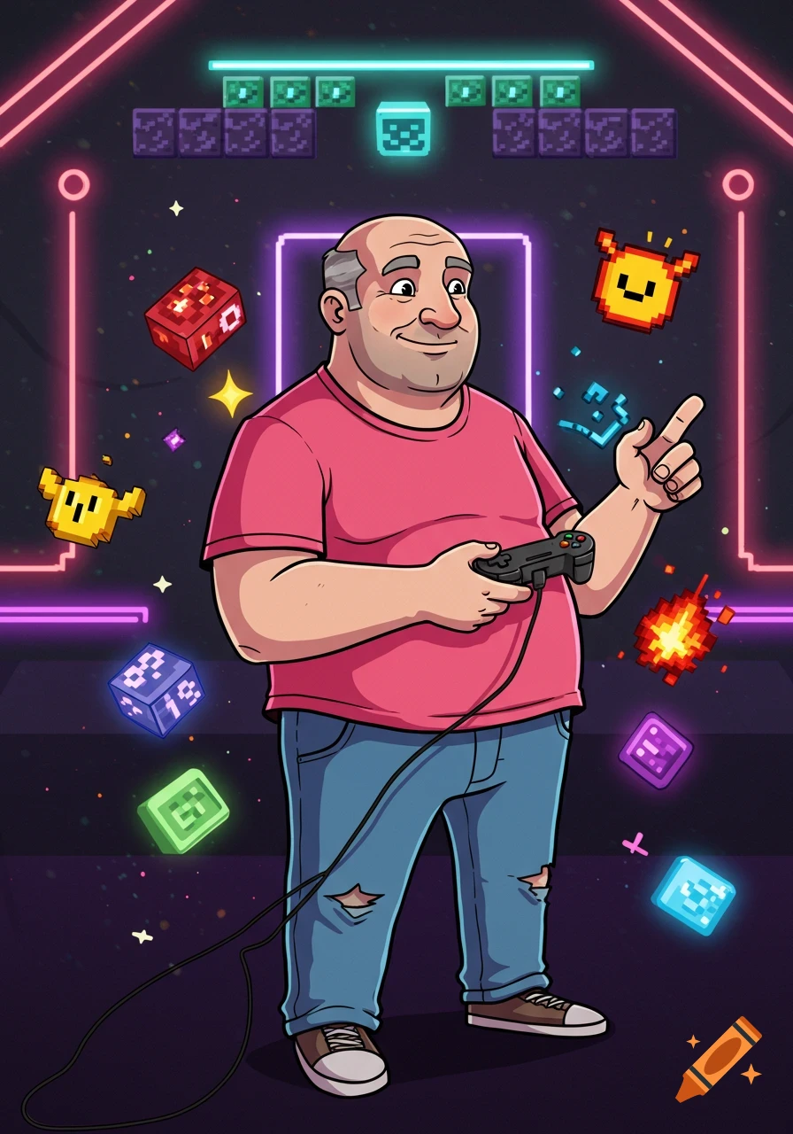 A cartoon man in a pink t-shirt and jeans holds a video game controller, surrounded by glowing neon lines and pixel art game elements in a cosmic background.