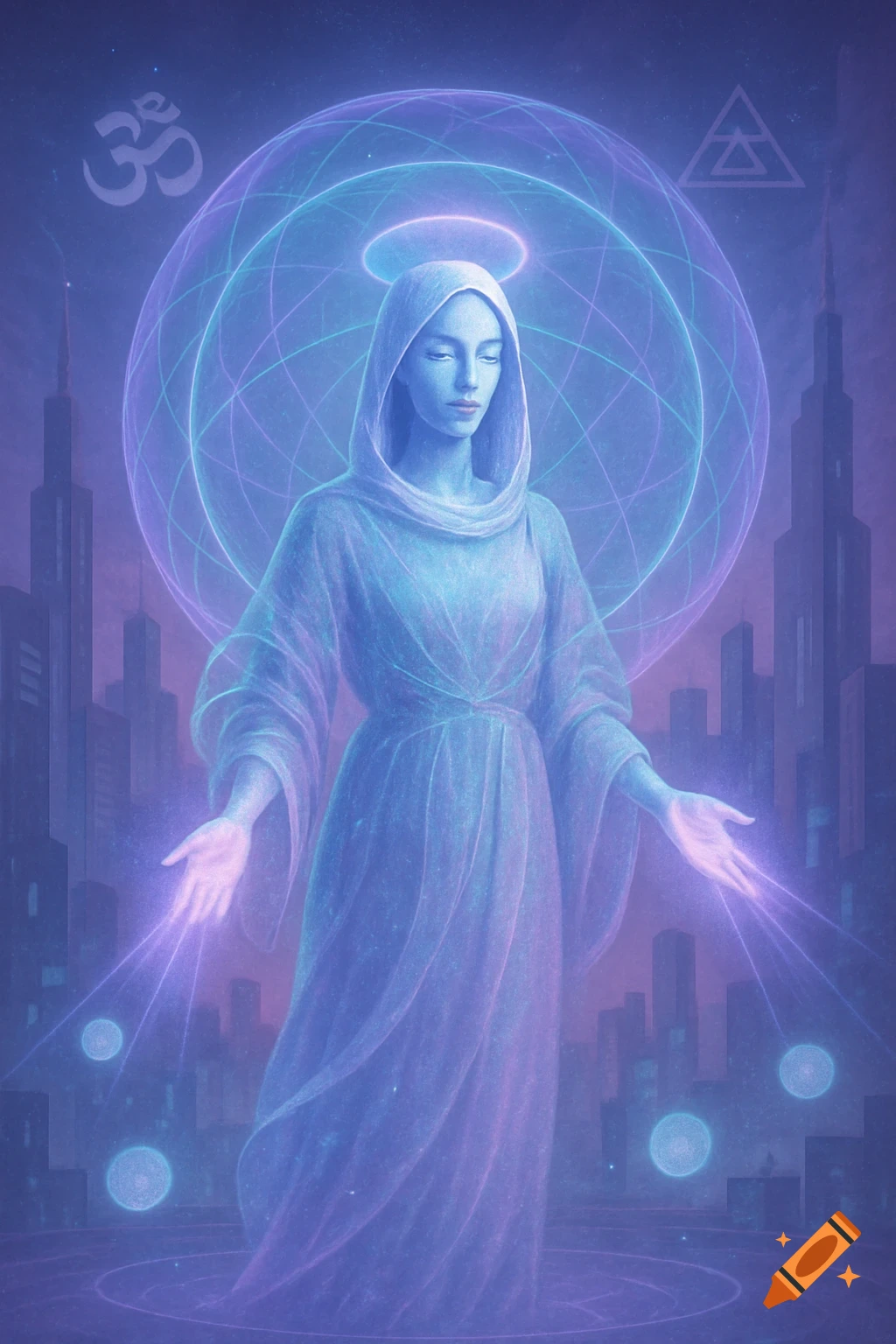 A robed figure with a halo and glowing hands stands in a futuristic city under spiritual symbols, rendered in a mystical, ethereal style.