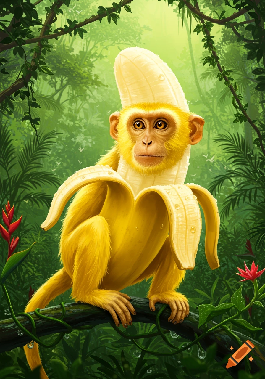 A vibrant illustration of a yellow monkey with banana peel skin and a banana hat, sitting on a jungle branch.