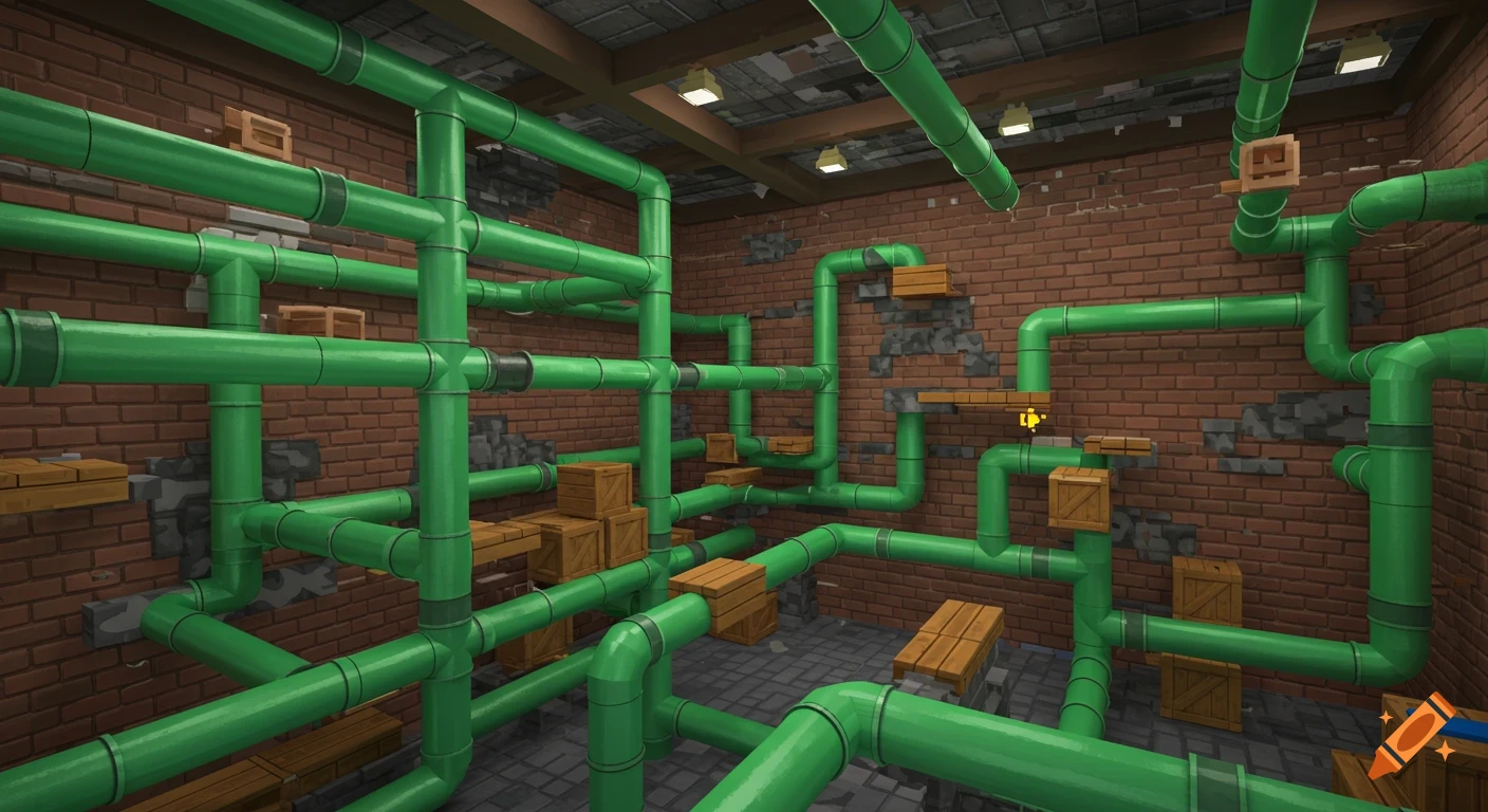 Pixel art of a maze-like warehouse interior with numerous green pipes, wooden crates, and platforms against a brick wall.