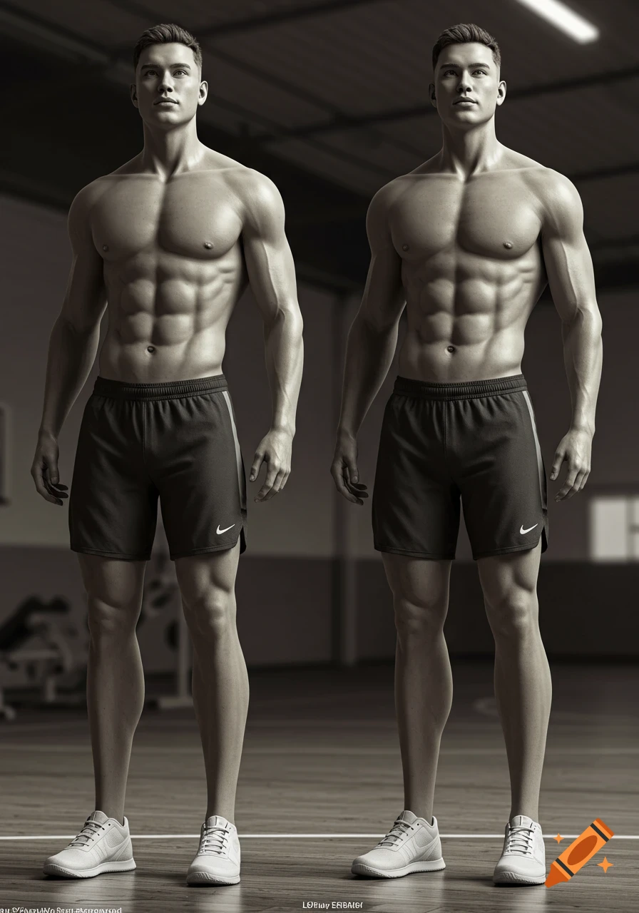 Two photorealistic, muscular male athletes, shirtless in athletic shorts, stand in a gym.