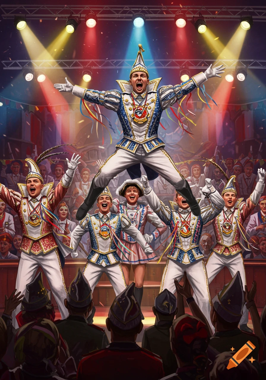 Vibrant illustration of performers in elaborate carnival costumes jumping and cheering on a stage under colorful spotlights.