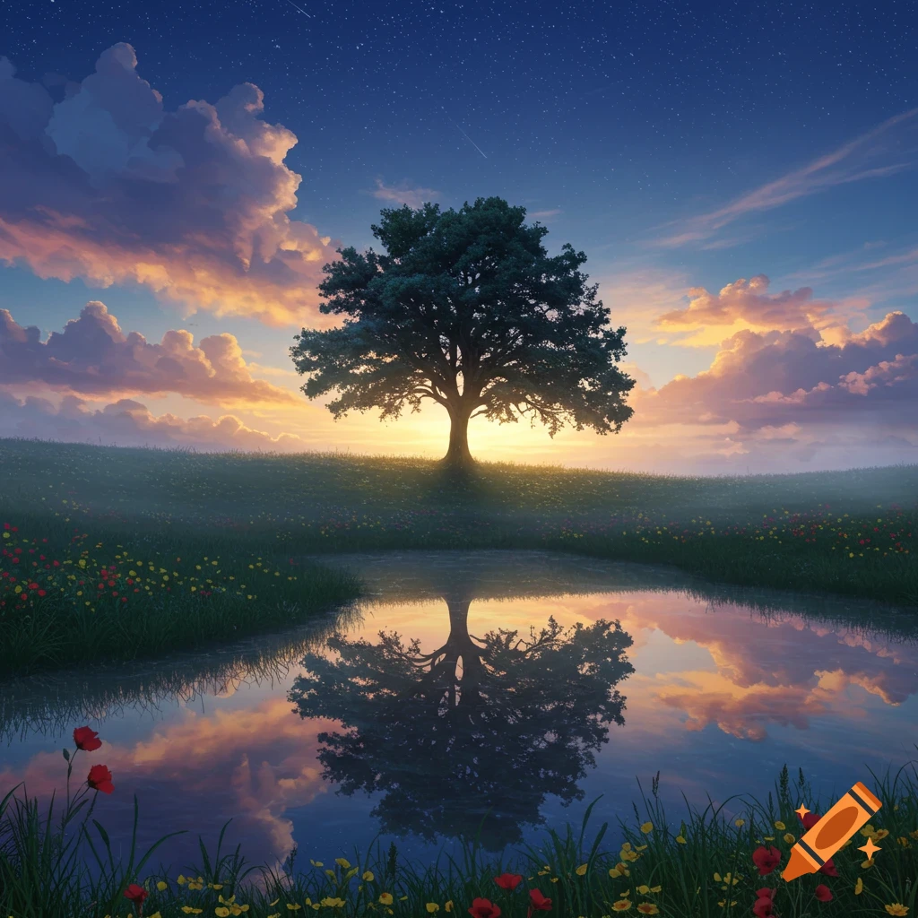 A solitary tree reflected in a pond at twilight, with wildflowers in a grassy field and a starry, cloudy sky.