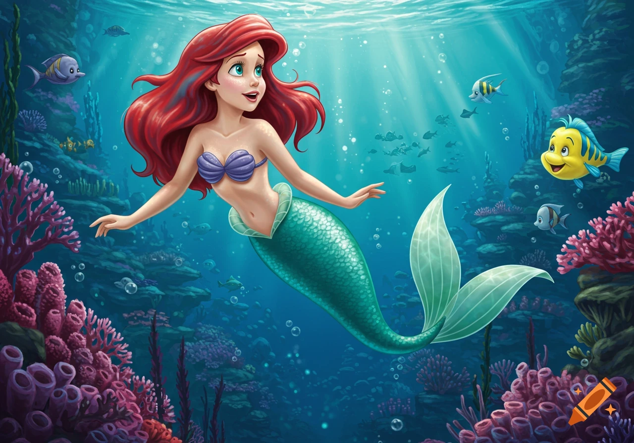 Ariel the Little Mermaid with red hair and a teal tail swims underwater with Flounder and other fish among colorful coral in a vibrant animated style.
