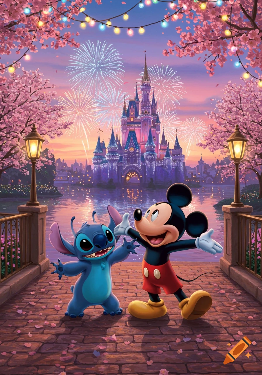 Stitch and Mickey Mouse stand on a path before a Disney castle with fireworks, cherry blossoms, and string lights at sunset.