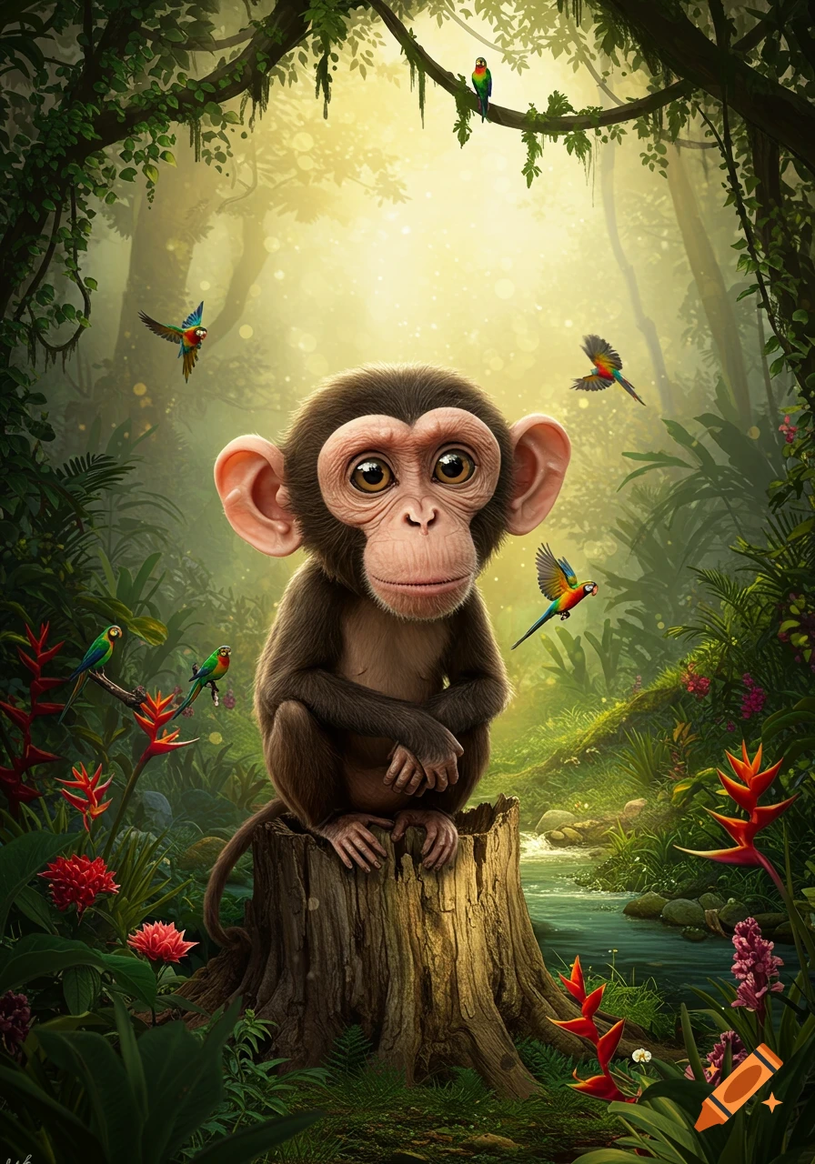 An adorable, big-headed baby monkey sits on a tree stump in a vibrant, sunlit jungle with colorful parrots and flowers, in an illustrated style.