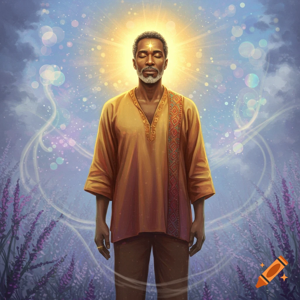 A soulful man with closed eyes stands in golden light, meditating in a lavender field under a mystical sky.
