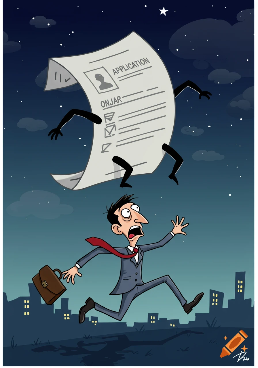 Scared cartoon man in a suit runs from a giant, animated job application form at night, with city buildings in the background. Illustration.
